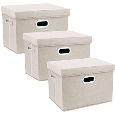 Afbeelding van TYEERS Grote Opbergdoos met Deksel, Opvouwbaar, Afwasbaar, Opbergbak 44x30x29 cm, Set van 3, Beige