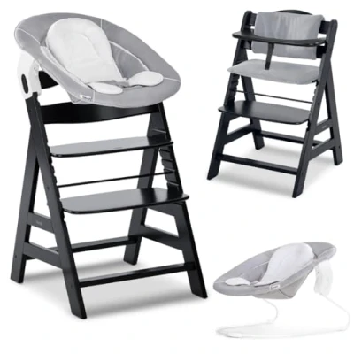 Afbeelding van hauck Pappa Alpha Plus Newborn kinderstoel met babywipstoel en kussen, evolutionaire van hout, klassiek, zwart