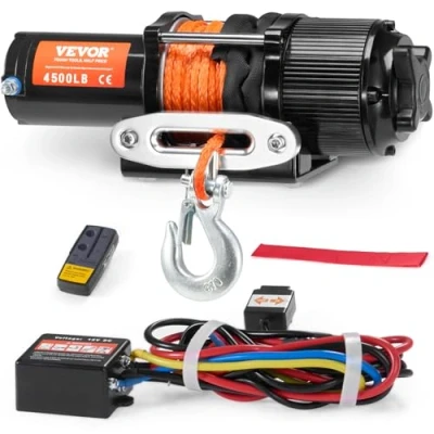 Afbeelding van VEVOR elektrische lier 2041 kg, 12 V DC voor terreinvoertuigen/UTV&#039;s, motorlier met strengs synthetisch touw (Φ 0,6 x 1188,7 cm), aluminium kabelgeleiding, afstandsbedieningen,