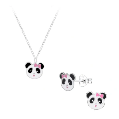 Afbeelding van Zilveren panda kinderoorbellen en ketting oorknopjes Meisje Zilver kinderketting kindersetje oorstekers Zilverana Sterling 925 Silver