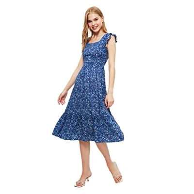 Afbeelding van Trendyol Blauwe Bloemenprint Vierkante Kraag A Lijn Viscose Midi Geweven Jurk Twoss20El3331