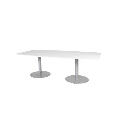 Afbeelding van Linesto 240x120cm tonvormige vergadertafel op vaste hoogte (74cm) met licht grijs 25mm blad en aluminium (RAL9006) trompetvoeten