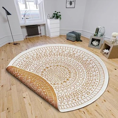 Afbeelding van NORTHRUGS Porto Vloerkleed voor binnen en buiten, rond, omkeerbaar, waterdicht, mandala design, plat weefsel, tapijt, weerbestendig, balkon, terras, tuin, woonkamer, in oker, diameter 100 cm