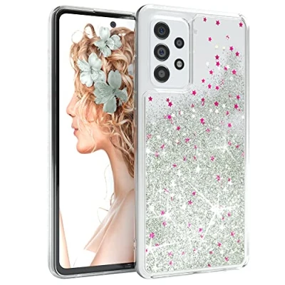 Afbeelding van EAZY CASE Telefoonhoesje compatibel met Samsung Galaxy A52 / (5G) A52s (5G), beschermhoes vloeibare glitter, backcover glittervloeistof, TPU/siliconen, transparant/doorzichtig, zilver