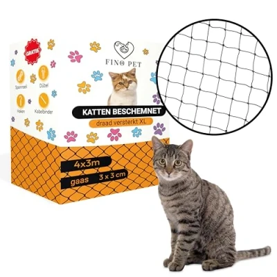 Afbeelding van FinoPet kattennet voor balkon, plus draadversterkt, 4 x 3 meter, inclusief bevestigingsmateriaal, kattenbeschermingsnet, veiligheidsnet, balkonnet katten, zonder boren