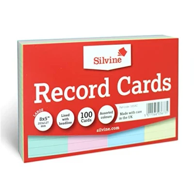 Afbeelding van Silvine 8x5&quot; Multi gekleurde Record Cards Gevoerd met kop, 100 kaarten per pak. Ref 585AC (203 x 127mm)