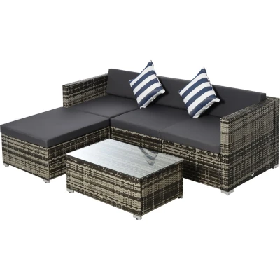 Afbeelding van Outsunny 5 delige polyrattan tuinmeubelset, tuinset, loungeset, loungemeubel met bijzettafel, kussens, grijs+beige