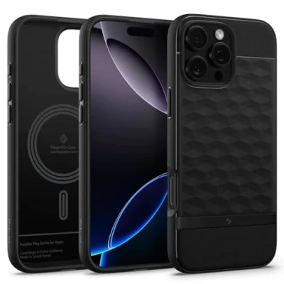 Afbeelding van Caseology Parallax Mag voor iPhone 16 Pro Max Hoesje [Ergonomische 3D Hexa Cube] Magnetische Militaire Grade Valbescherming Case Cover Mat Zwart