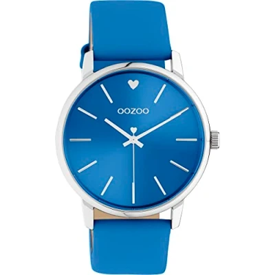 Afbeelding van Oozoo Vintage dameshorloge zilveren polshorloge dames met 20 mm leren armband analoog in rond, blauw, groß, Riemen.