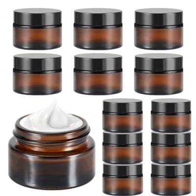 Afbeelding van Litimkat 12 stuks amberkleurige glazen potjes, crèmepotjes, 20 ml/30 ml, bruine containers, lege navulbaar, voor cosmetica, crèmes, lotions, etherische oliën