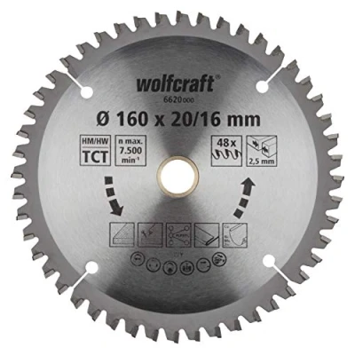 Afbeelding van Wolfcraft Cirkelzaagblad Voor Hout, Dun Metaal en Plastic Fijn zaagwerk 160mm 48 tanden Asgat 20/16mm 2,5mm Zaagdikte