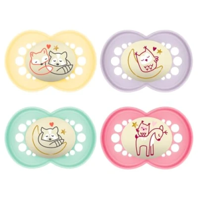 Afbeelding van MAM Originele fopspeen 16+ M (4 pack), glow in the dark incl. transport en sterilisatiebox, babyfopspeen vanaf 16 maanden, speen van SkinSoft siliconen, 4 stuks