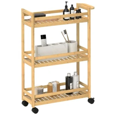 Afbeelding van HOMCOM 3 stöckiger Servierwagen aus Bambus, Küchenwagen mit Rolle, Allzweckwagen Griff, Lagerwagen für Büro, Wohnzimmer, Küche, 55 x 20 75 cm, Naturholz