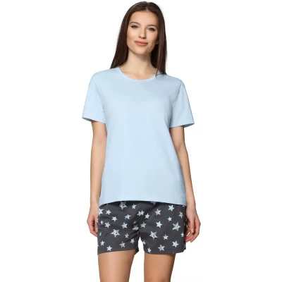 Afbeelding van Merry Style MS MS10 177 PJ Dames Pyjama ronde hals korte mouwen broek zonder zakken Katoen Grafiet/Blauwe Sterren L