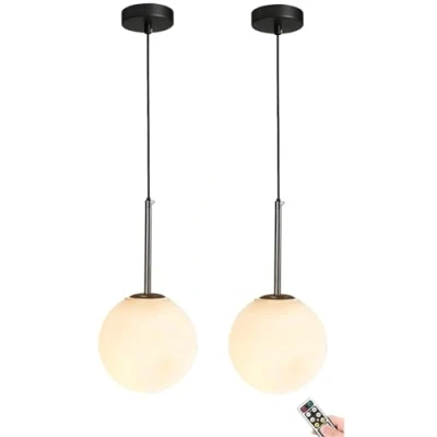 Afbeelding van Draadloze hanglamp op batterijen met oplaadbare USB lamp en afstandsbediening, niet bedraad, uit het midden van de eeuw witte glazen bolkap, voor keukeneiland, eettafel, slaapkamer, woo