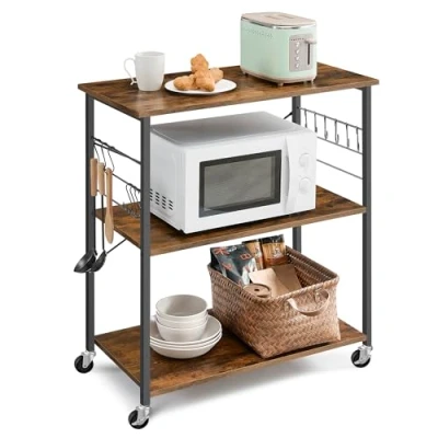 Afbeelding van VASAGLE Keukenrek op wielen, serveerwagen met 3 niveaus, keukenwagen, magnetronplank, voor mini oven, broodrooster, metalen frame, 6 haken, 40 x 80 89 cm, vintage bruin zwart KKS067K01