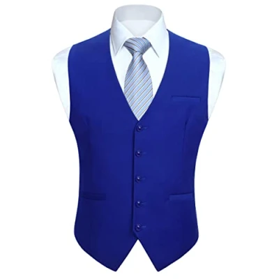 Afbeelding van Enlision Gilet voor heren, formele effen giletjes bruiloft, kleur smoking, smokingjas, zakelijk pak, vest met zakken XS 4XL, Blauw, L