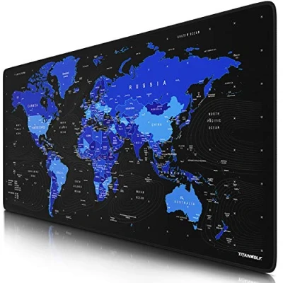 Afbeelding van Titanwolf XXL Gaming muismat, 900 x 400 mm, grote muismat onderlegger, precisie en snelheid, rubberen antislip onderkant, duurzaam, waterafstotend, wereldkaart zwart blauw