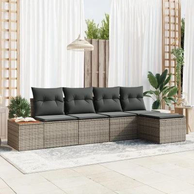 Afbeelding van vidaXL 5 Delige Tuin Sofa Set met Kussens Grijs Poly Rattan Acacia