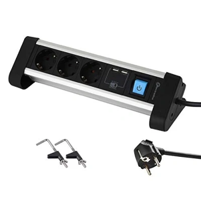 Afbeelding van Electraline 62553 stekkerdoos voor werktafel, met 3 geaarde stopcontacten + 2 USB poorten 2,4 A, M, bevestiging houders, metaal