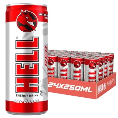 Afbeelding van HELL Energy Drink rode druivensmaak 24 x 250 ml blikjes multipack 32 mg/100 cafeïne Bevat vitamine B2 B3 B5 B6 B12 Conserveermiddel Gratis Veganistisch Verminder vermoeidheid en boost