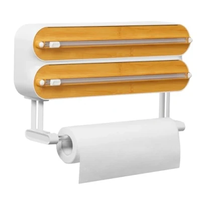 Afbeelding van Quasziwa Wandrolhouder voor de keuken, 3 voudige foliesnijder, magnetische vershoudfoliedispenser met scherpe cutter, verbeterde foliedispenser, vershoudfolie, snijder keukenrolhouder, wit