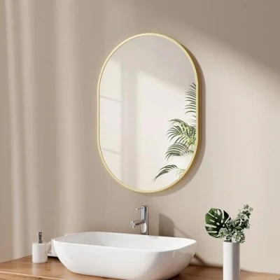 Afbeelding van EMKE Badkamerspiegel, 50 x 70 cm, wandspiegel voor badkamer, met geborsteld goudkleurig frame, ovale wandspiegel, horizontaal/verticaal, hal, woonkamer, slaapkamer, gastentoilet