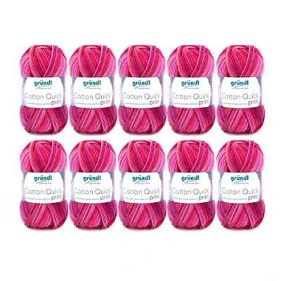 Afbeelding van Gründl Cotton Quick Print Breigaren/haakgaren (kleurrijk garen van 100% katoen, Oeko Tex gecertificeerd, 50 g/125 m, naalddikte: 3 4, 10 x g), fuchsia rood multicolor