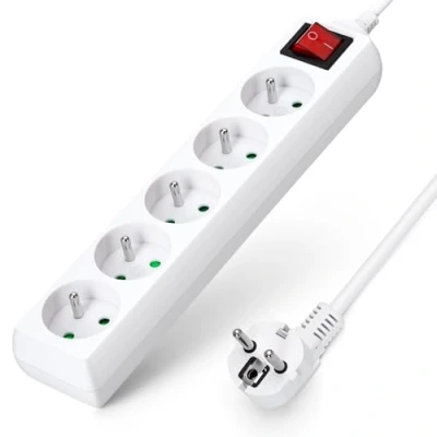 Afbeelding van Aigostar Stekkerdoos met 5 stopcontacten schakelaar, 2P+T, verlengkabel m, kinderbeveiliging, Frans, wit, 16 A, 250 V