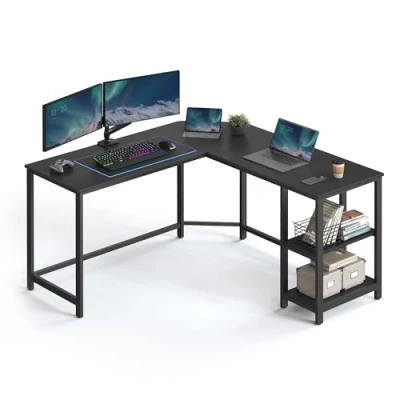 Afbeelding van VASAGLE bureau, L vormig computerbureau, hoekbureau met 2 planken, ruimtebesparend gaming, thuiskantoor, eenvoudig te monteren, zwart houtnerf LWD072B56