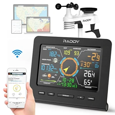 Afbeelding van Raddy WF 100C Lite 13 IN 1 Draadloos weerstation voor binnen en buiten met temperatuur, luchtdruk, vochtigheid, anemometer, regenmeter, weersvoorspelling, huis, tuin