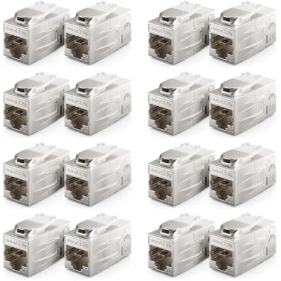 Afbeelding van deleyCON 16 Stuks CAT 7 Koppeling Keystone Metaal 2x RJ45 Connector Voor Patchkabel 600 MHz 10 Gbps LAN DSL Ethernet en te Gebruiken als Zilver