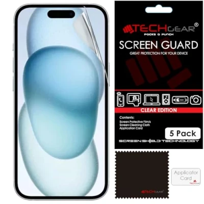 Afbeelding van TECHGEAR [5 stuks schermbeschermers voor iPhone 15 CLEAR LCD schermbeschermerfolie beschermhoezen met reinigingsdoek en applicatiekaart compatibel 6,1 inch