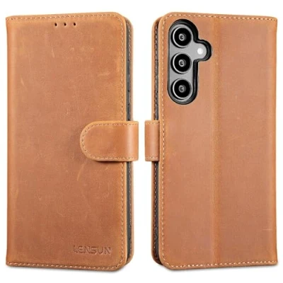 Afbeelding van Lensun Beschermhoesje voor Samsung Galaxy A35, echt leer, RFID blokkering, boek met portefeuille, magneetsluiting, flipcase, leren hoes A35 5G, retro bruin