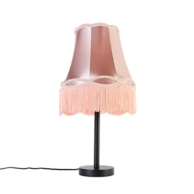 Afbeelding van QAZQA Klassieke tafellamp zwart met granny kap roze 30 cm Simplo