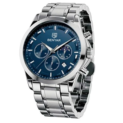 Afbeelding van BERSIGAR Herenhorloge Sport Casual Waterdicht Zakelijk Polshorloge met zwarte wijzerplaat en roestvrijstalen band