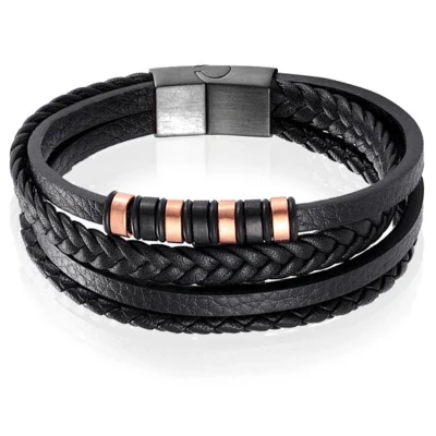 Afbeelding van Leren heren armband Multi Mendes Edelstaal Zwart Rose 19cm