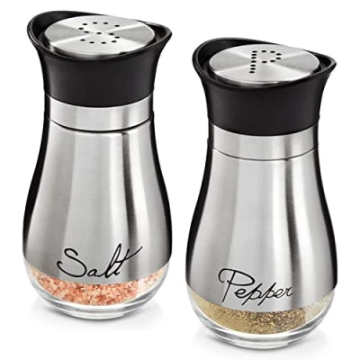 Afbeelding van Zout en peperstrooier set van glas roestvrij staal met opschrift Salt, peper, elk 118 ml