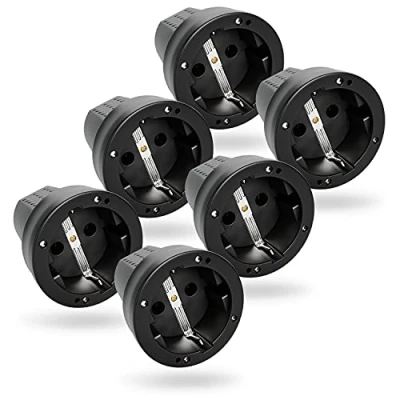 Afbeelding van greate Schuko koppelingen, 6 stuks, IP44 voor buiten, met knikbescherming, rubberen koppeling 230 V trekontlasting, 2 polig, 16 A en 3,7 kW, geaard contact, koppeling, kabel,