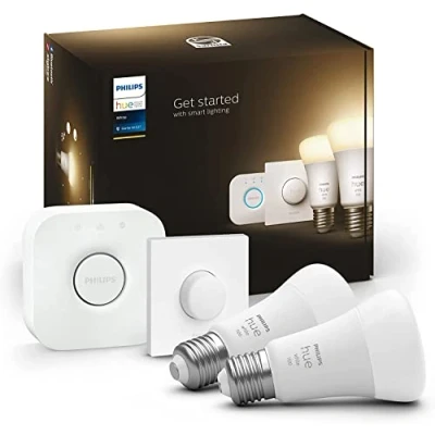 Afbeelding van Philips Hue Starterkit White E27 2 Lampen, Smart Button en Bridge Warm Wit Licht Werkt met Alexa Google Home