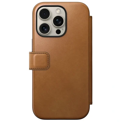 Afbeelding van Nomad Hoesje Geschikt voor Apple iPhone 16 Pro Modern Leather Folio Compatibel met MagSafe en Draadloos Opladen Book Case Pasjeshouder Echt Leer Lichtbruin