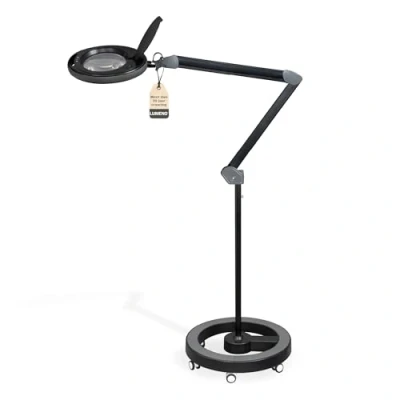 Afbeelding van Lumeno dimbare LED loeplamp 8515SW met grote 152 mm lens van echt glas, instelbare helderheidsniveaus, geschikt als werklamp, loeplamp, leeshulp, 5 dioptrie rolstatief zwart