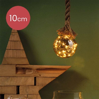 Afbeelding van Kerstbal met jute touw en 15 LED lampjes 10cm Rook grijs