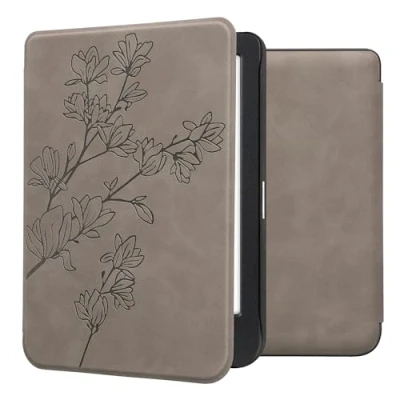 Afbeelding van kwmobile e reader hoesje geschikt voor Kobo Clara BW / Colour hoes Ereader flip case met standaard Kunstleren cover Magnolia design in grijs