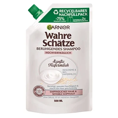 Afbeelding van Garnier Shampoo, navulverpakking met zachte havermout, rustgevend voor gevoelig haar, zijdeachtige rijstcrème en echte schatten, 500 ml
