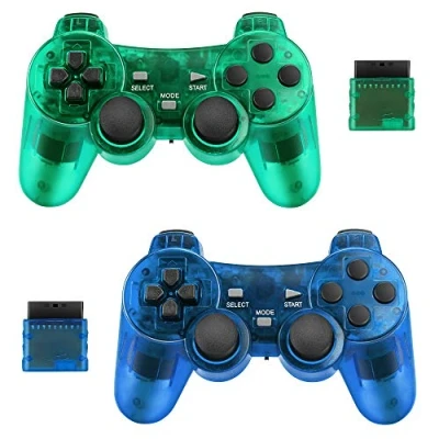 Afbeelding van 2 pack draadloze controller voor PS2 Playstation Achort 2.4G Gamepad Joystick Remote met Dual Shock Vibration Sensitive Control ontvangers Sony (ClearBlue en ClearGreen)