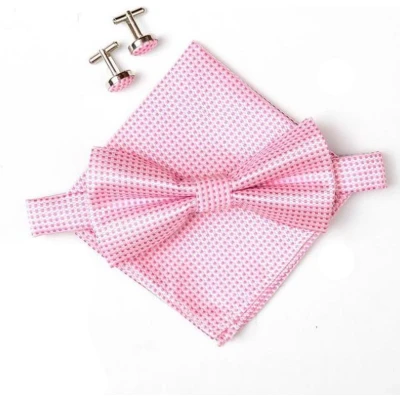Afbeelding van Vlinderstrik inclusief pochette en manchetknopen Roze kleine ruit luxe vlinderdas strik strikje pochet heren