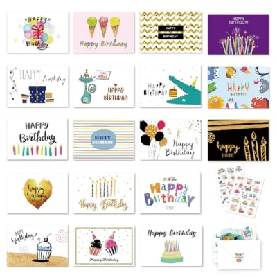 Afbeelding van Huifengjie Verjaardagskaarten, 18 premium verjaardagskaarten set met envelop, Happy Birthday kaart, verjaardag, vouwkaarten, wenskaart, verjaardagskaart vrouw, man (B)