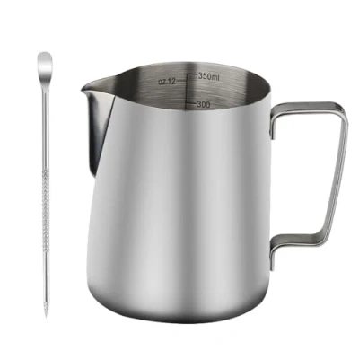 Afbeelding van Atliberswo 304 roestvrijstalen koffiemelkkannetje, 350 ml opschuimkan, latte art pen, melkschuimbeker met maatmarkeringen, geschikt voor cappuccino en espresso, veelzijdige barista accessoires