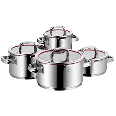 Afbeelding van WMF Function 4 pannenset delig rood, Innovatieve deksel met afgietfuncties, Geschikt voor Inductie, Glazen deksel, Cromargan® 18/10 RVS, Vaatwasserbestendig, Handgrepen worden niet heet.